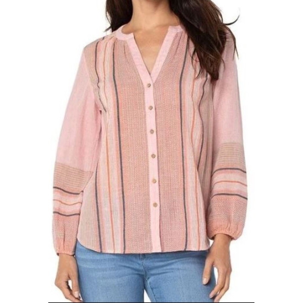 Liverpool Womens Cotton Button Front Shirred Tunic Crinkle Gauzy Multi Yarn‎ L